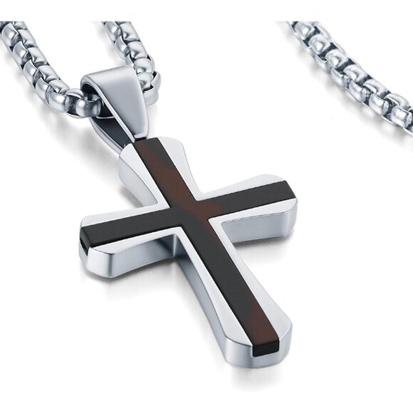 Men's 16-24 Inch Mahogany Ebony Titanium Steel Cross Box Chain Pendant - Picture 1 of 6